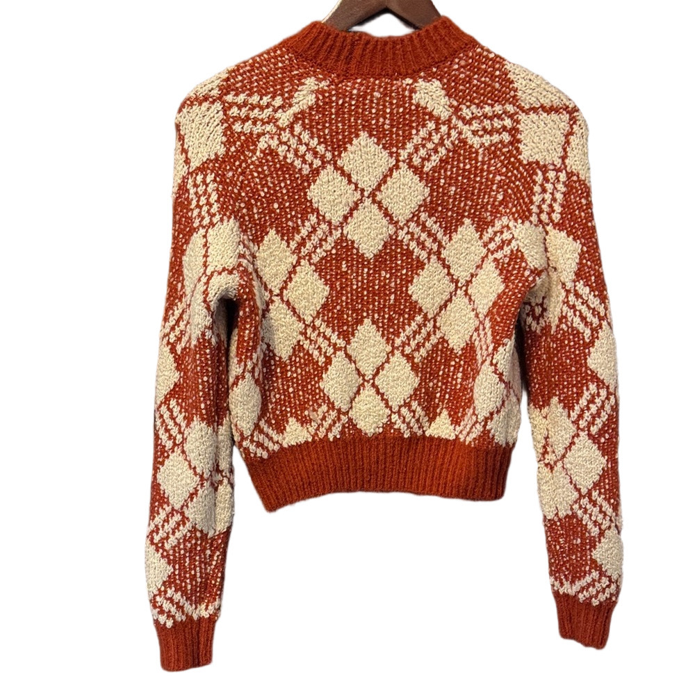 Coco + Jaimeson Elegant Crop Jacquard Argyle Knit Sweater in Copper Spice Size S - Picture 3 of 3